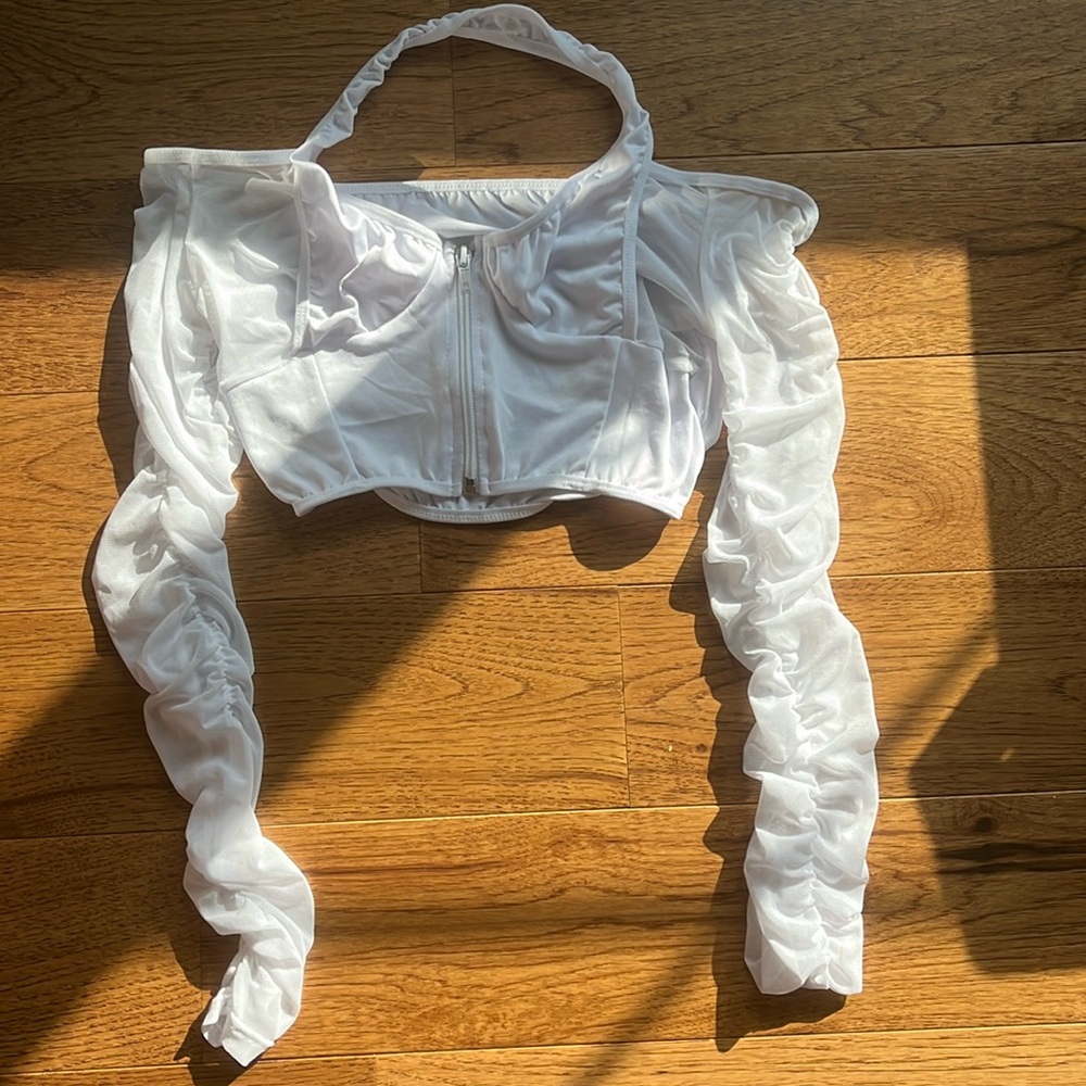 White off the shoulder top with halter sheer long sleeve crop top size small